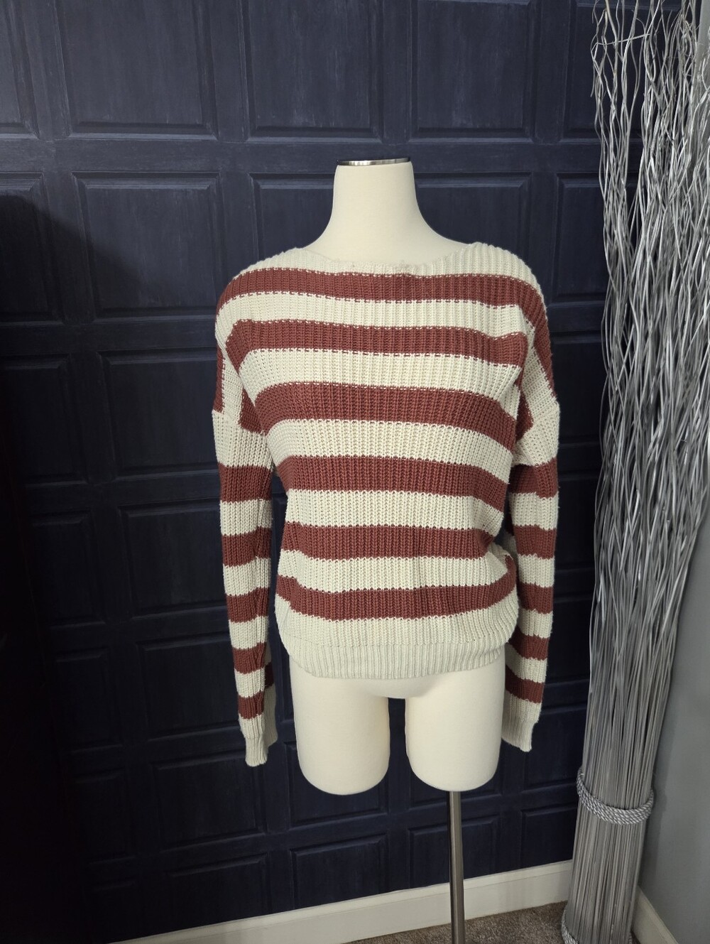 FAVLUX Off-the-Shoulder Striped Sweater in Cream and Rust